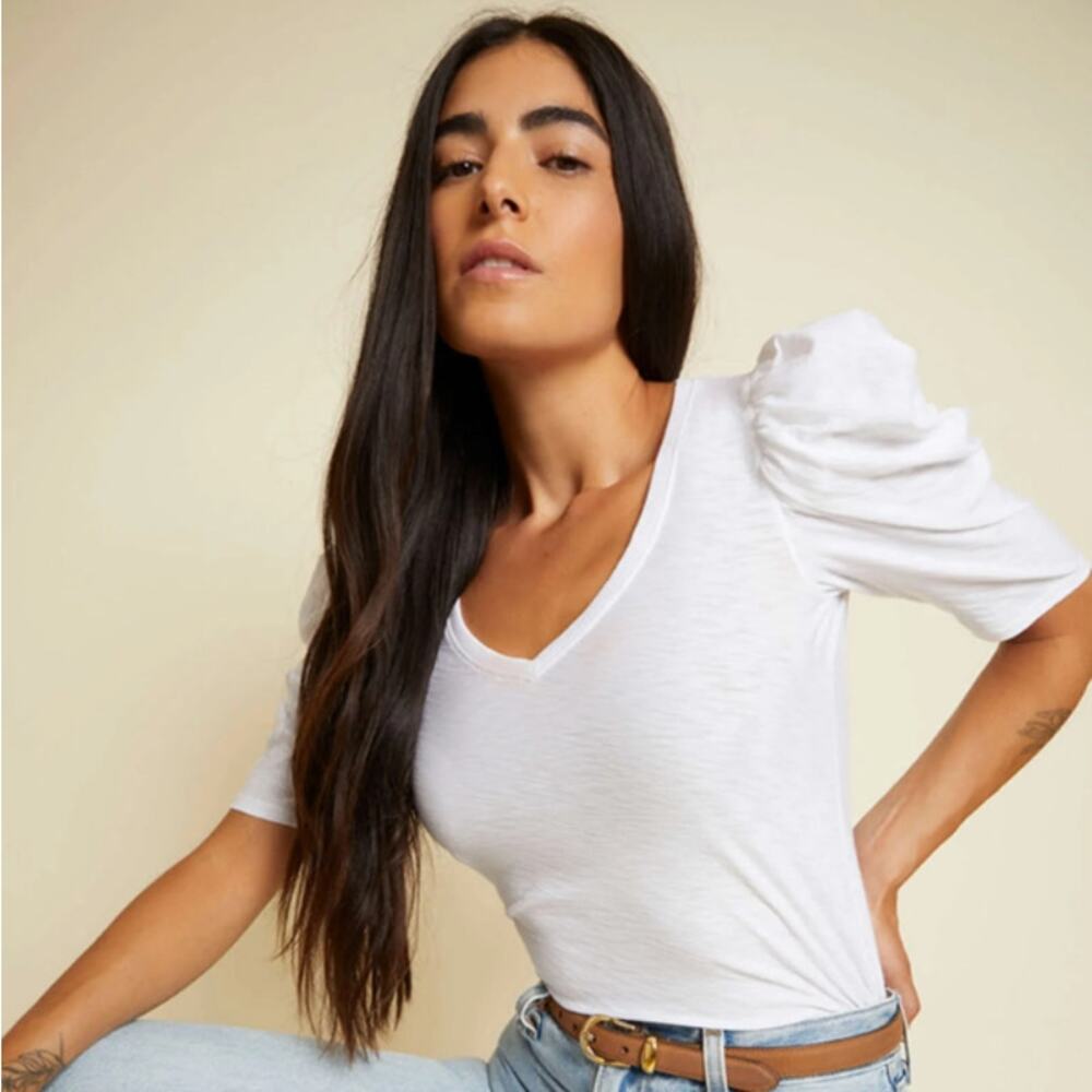 Nation LTD | Jillian Bold Shoulder V Neck White Puff Sleeve Top XS